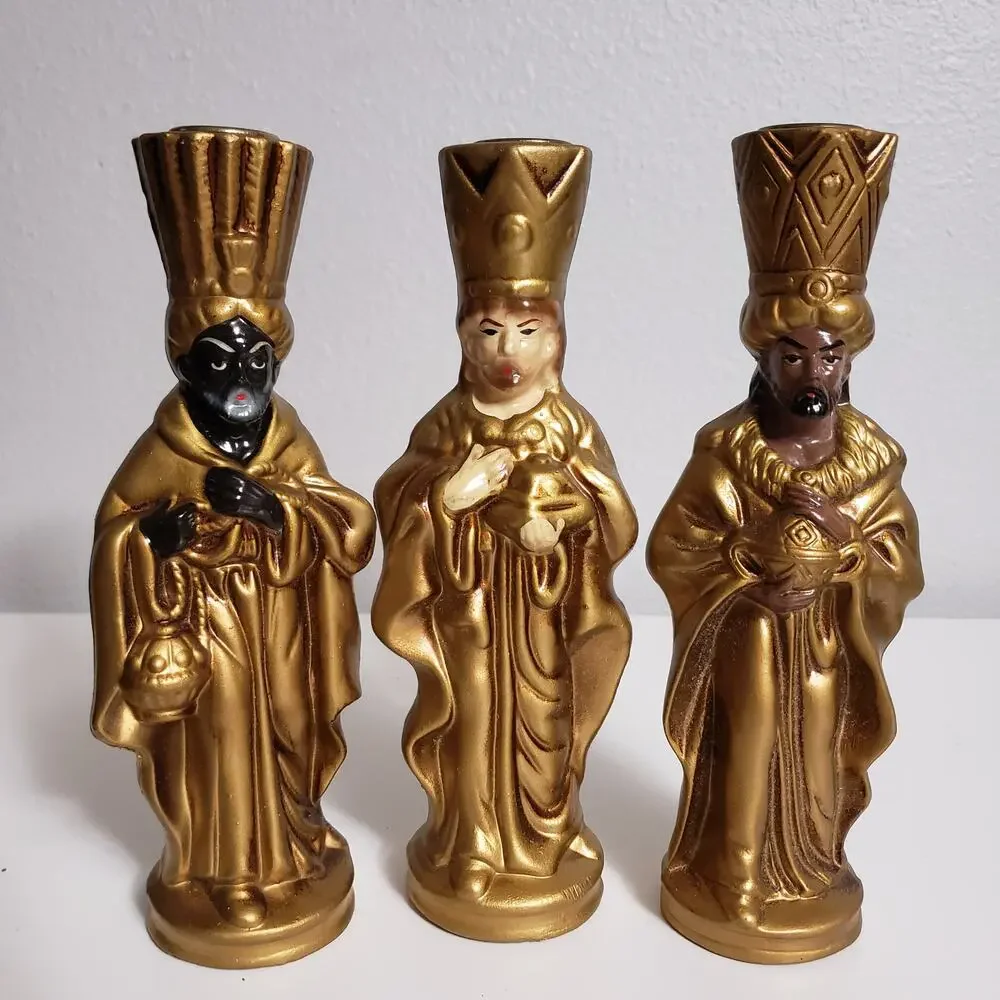 Vintage Papier Mache Three King Candle Holder Antique Gold Finish Nativity Decor